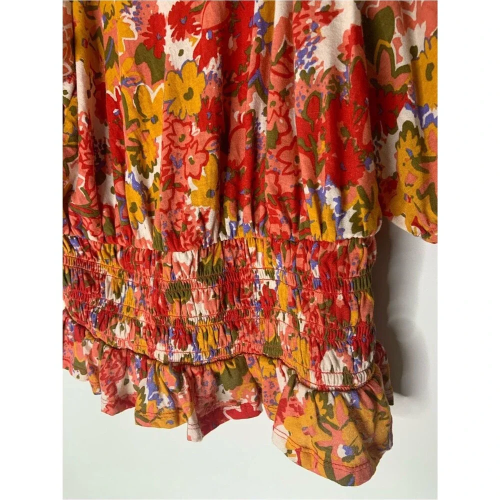LOFT Red Multi Floral Cotton Puff Sleeve Smocked Waist Blouse S Spring